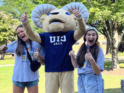 CIU mascot Rammy joins students in celebrating CIU's record-breaking enrollment. 